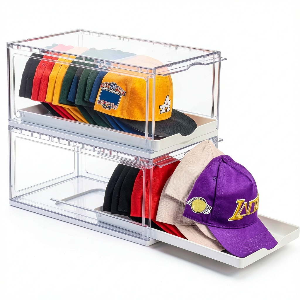 Vtopmart hat storage box displaying transparent compartments and sliding tray