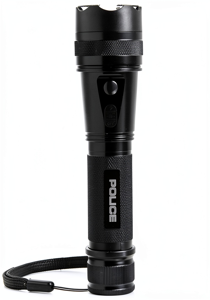 POLICE Stun Gun Flashlight showing aluminum construction and compact size