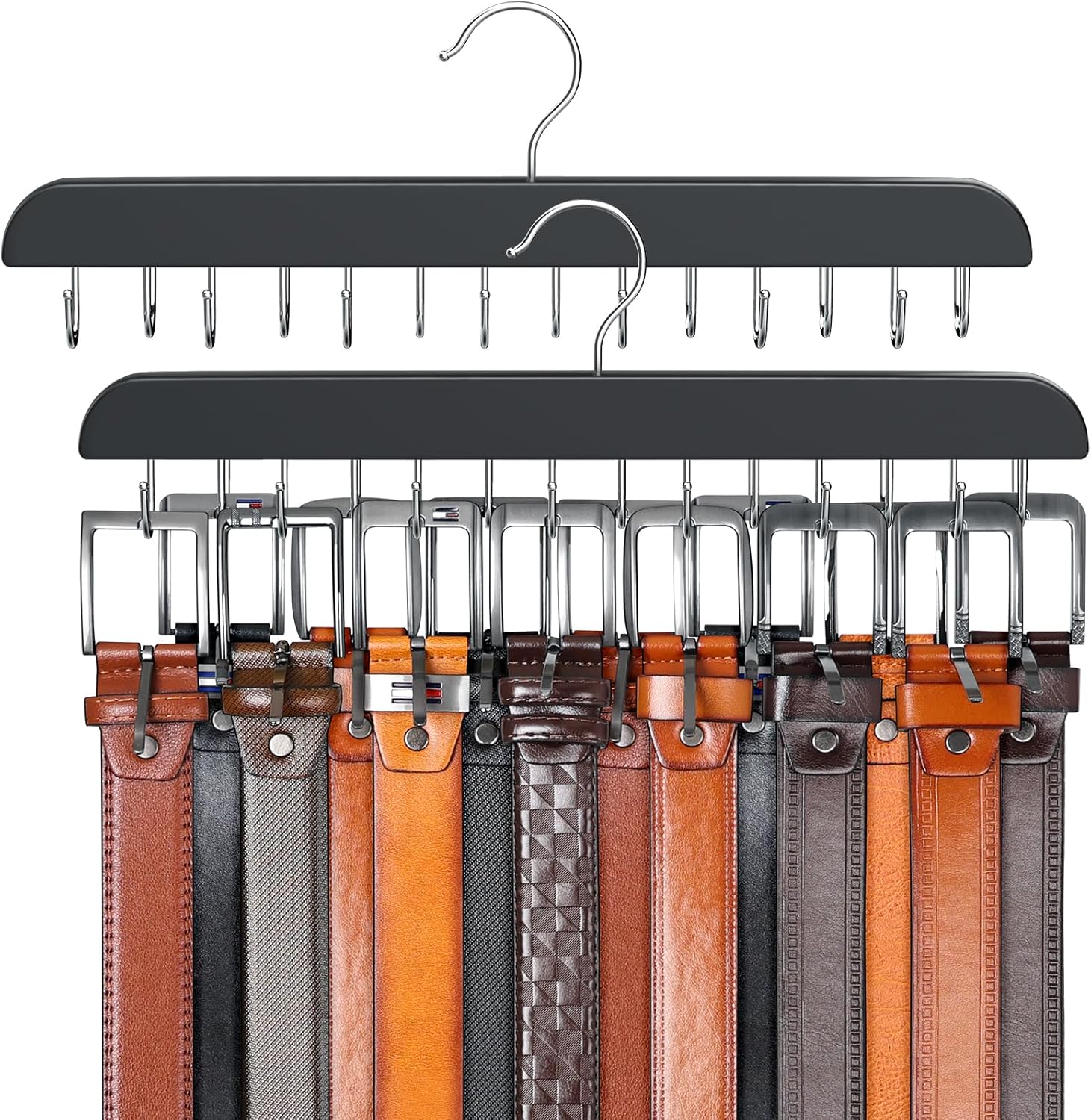 Installing Resovo Wood Belt Hanger double-sided organizer on a wooden closet rod