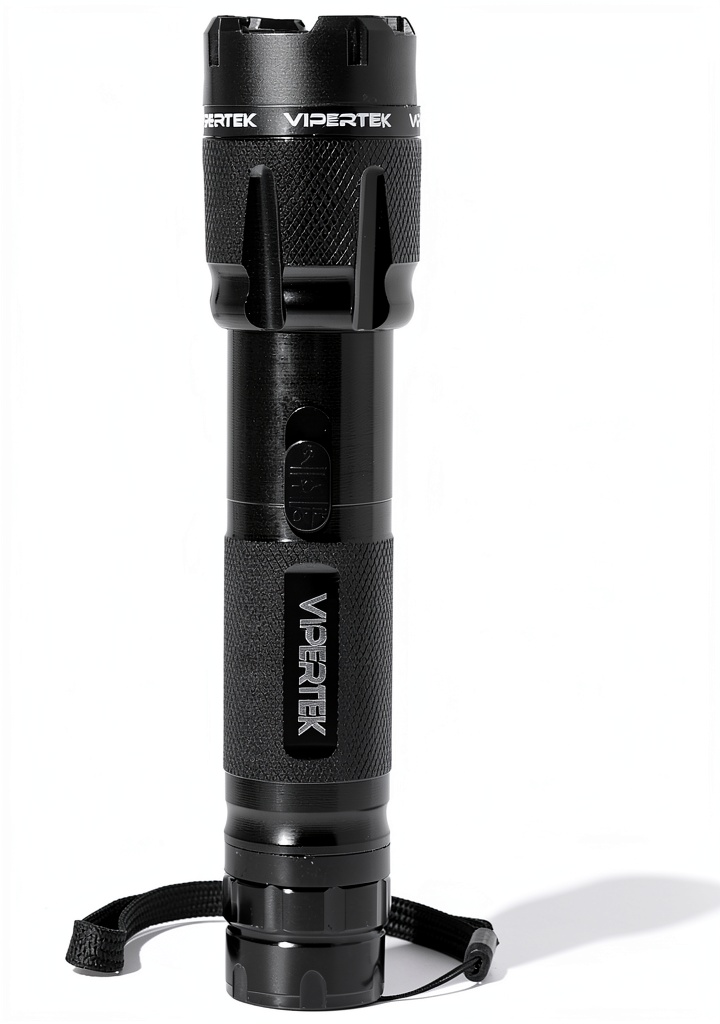 VIPERTEK stun gun with LED flashlight in hand