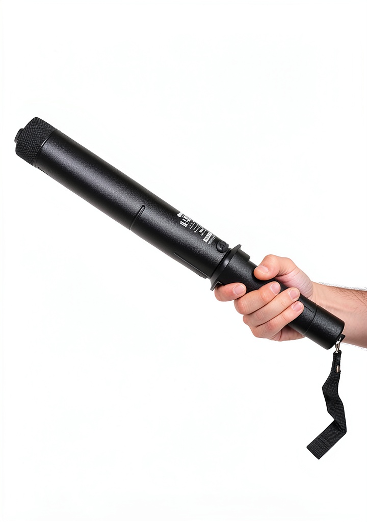 O-Mega Star Warrior heavy duty stun gun being held on a wooden table with visible electric arcing